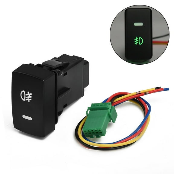 5Pin LED Car Push Button Fog Light Switch With Wire, Compatible For Honda For Civic For Accord For CRV, 5-Terminal Waterproof Design, Green Illuminated Black Plastic Switch