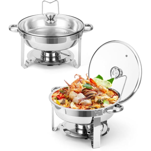 5QT Buffet Servers and Warmers Set of 2, Round Chafing Dishes with Glass Lid, Stainless Steel Food Warmers for Parties, Catering Supplies for Wedding, Banquet, Silver
