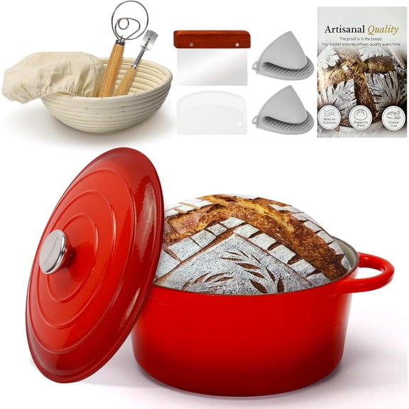 5QT Enameled Cast Iron Bread Oven with Proofing Basket for Bread Baking, Bread Making Supplies Tools,Heavy-Duty Cookware for Braising, Stews, Roasting, Bread Baking (Red)