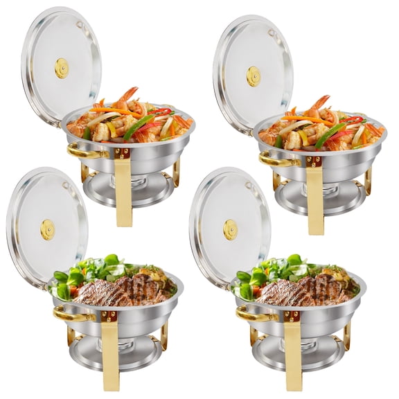 5QT Round Half-Gold Plated Stainless Steel Chafing Dish with Stainless Steel Lid, Buffet Warmer Set, 4-Pack, for Home Gatherings, Christmas Parties, Catering Events