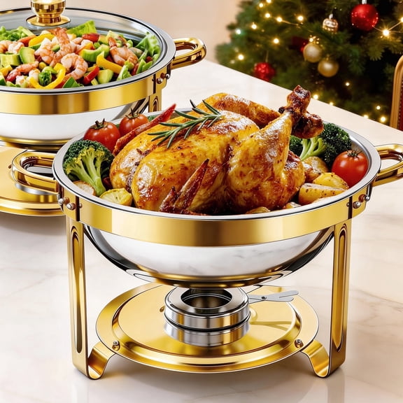 CATGOOD 2 Pack Chafing Dish Buffet Set, 5QT Stainless Steel Food Warmers with Glass Lids & Gold Stands, Buffet Servers for Parties, Weddings, Catering, Home