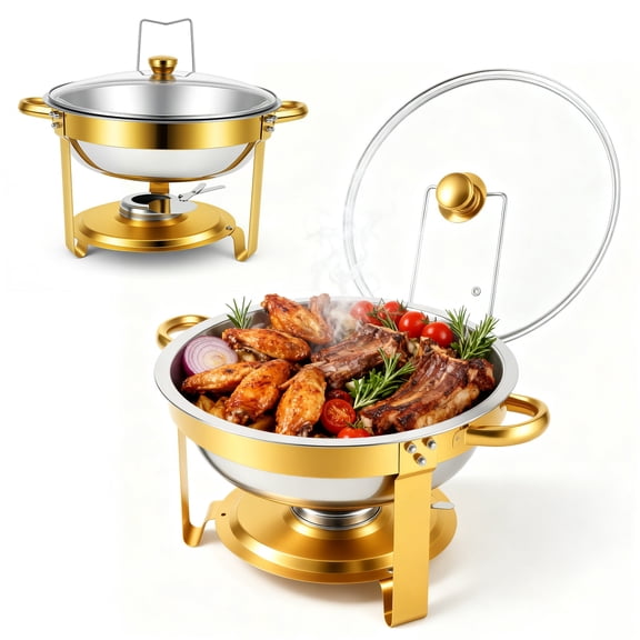 CATGOOD 2 Pack Chafing Dish Buffet Set, 5QT Stainless Steel Food Warmers with Glass Lids & Gold Stands, Buffet Servers for Parties, Weddings, Catering, Home