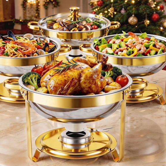 CATGOOD 4 Pack Chafing Dish Buffet Set, 5QT Stainless Steel Food Warmers with Glass Lids & Gold Stands, Buffet Servers & Chafer Set for Parties, Weddings, Catering