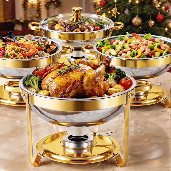 CATGOOD 4 Pack Chafing Dish Buffet Set, 5QT Stainless Steel Food Warmers with Glass Lids & Gold Stands, Buffet Servers & Chafer Set for Parties, Weddings, Catering