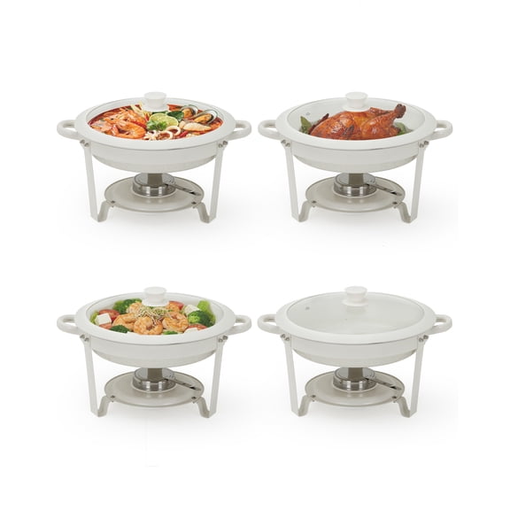 5QT Round White Maifanite-Coated Chafing Dish Buffet Set of 4, Stainless Steel Food Warmer with Clear Lids for Parties Weddings Catering