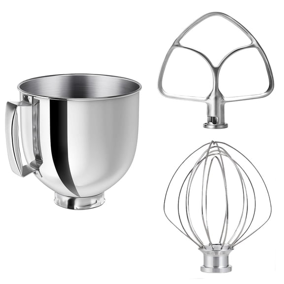5QT Stainless Steel 3-Piece Mixer Bowl Set for KitchenAid 4.5-5QT Tilt-Head Mixers, Includes Handle Bowl, Flat Beater & 6-Wire Whisk, Heavy Duty, Dishwasher Safe, Fits Artisan, Classic, KSM150, K45SS