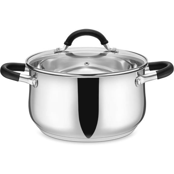5Qt Stainless Steel Pot, Stock Pot with Glass Lid for Cooking Pasta Soup Sauce, Tri-Ply Induction Thick Base & Cool-Touch Handles, All Stoves & Dishwasher Safe