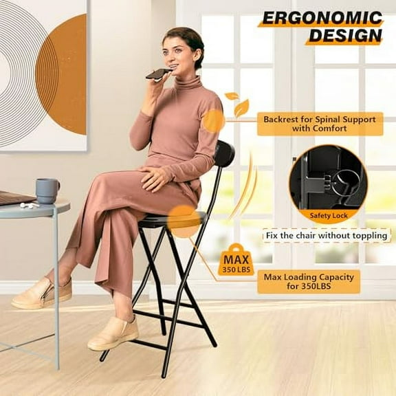 5Rcom Folding Stool, 2 Pack 24 inch Folding Bar Stool with Backrest and Handle, Foldable Stools for Adults Up to 350lbs, Collapsible Round Folding Counter Height Stool Chair for Ca