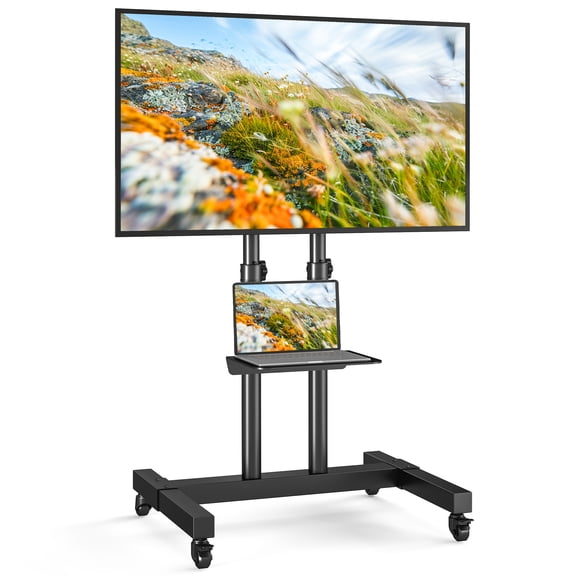 RTVR Black Rolling TV Cart Stand with Wheels for 32 to 83 inch TVs, Portable Mobile Height Adjuatable Shelf