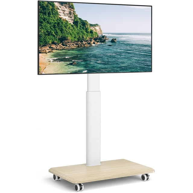 Modern Rolling TV Stand for TVs up to 55 inch, White Wooden Base