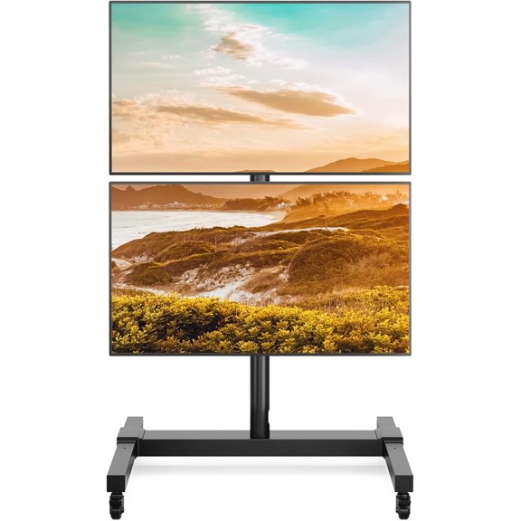 5Rcom Rolling/Mobile TV Cart with Wheels for 32 to 55 Inch LCD LED 4K Flat Curved Screen Vertical TVs-Height Adjustable Screen Tilt Rolling TV Stand for 2 TVs with Laptop Shelf Holds Up to 132 lbs