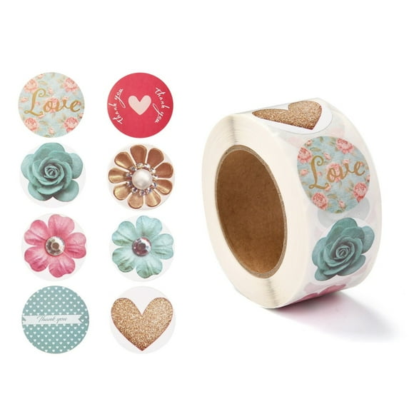 5Roll 3D Flower & Heart Pattern Roll Stickers Self-Adhesive Paper Gift Tag Stickers for Party Decorative Presents Mixed Color 6.3x2.85cm DIY