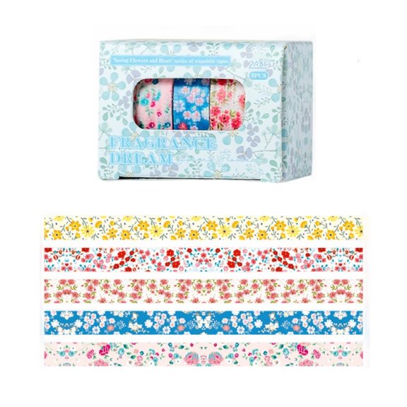 5Rolls Flower Decorative Tape 10mmX2M Adhesive Paper Tape for Art Craft Scrapbooking Journal Photo Album Picture Frame