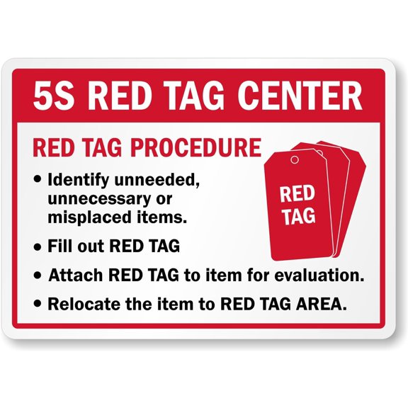 5S Center - Identify Unneeded, Fill Out Red Tag, Attach To Item For Evaluation, Relocate The Item To Red Tag Area Home Decor Metal Sign, 12" x 8"