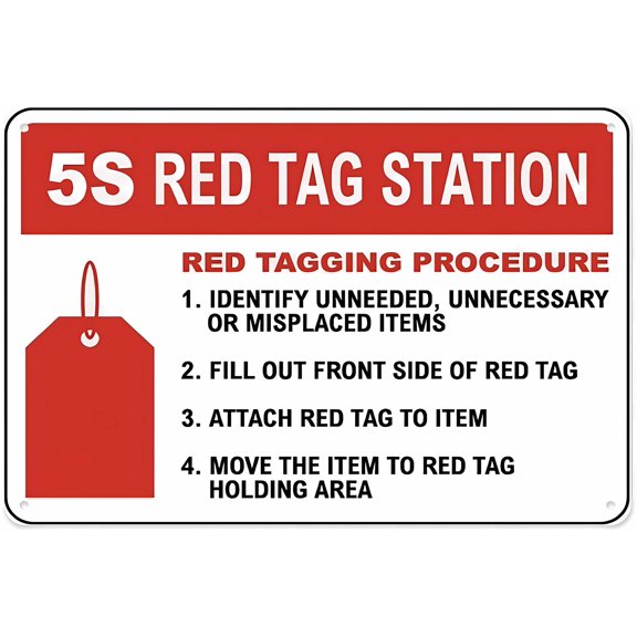 5S Red Tag Station Red Tagging Procedure Sign, 8"x12" Aluminum Tin Warning Sign, Workplace Organization Sign for Home Outdoor Garden