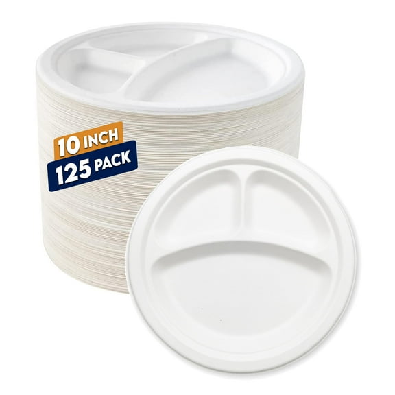 5Seconds 125Pcs Eco-Friendly Sugarcane Bagasse 3 AFN1Compartment Plates, 10-Inch Disposable Plates, Biodegradable & Compostable, Ideal for Parties, BBQs, Picnics, Catering, Sustainable Tableware