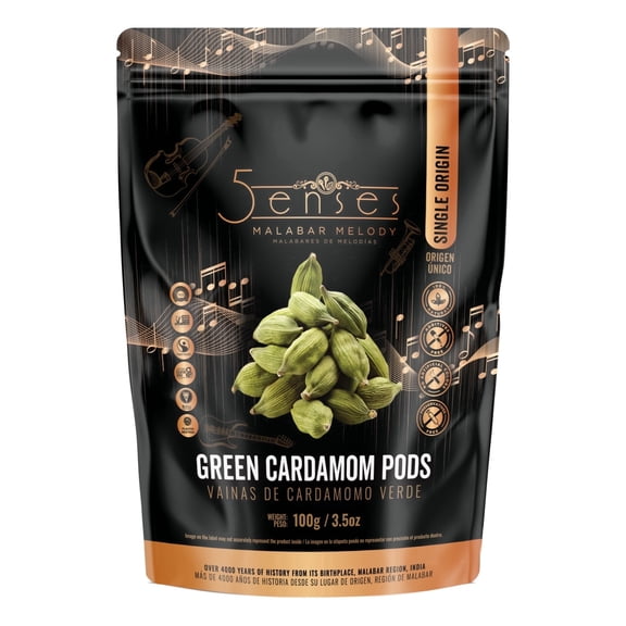 5Senses Green Malabar Cardamom Pods | Cardamomo | Malabar Melody | Single Origin, Non-GMO, Fairtrade Gourmet Spices, Whole Spices (1.75oz/50g)