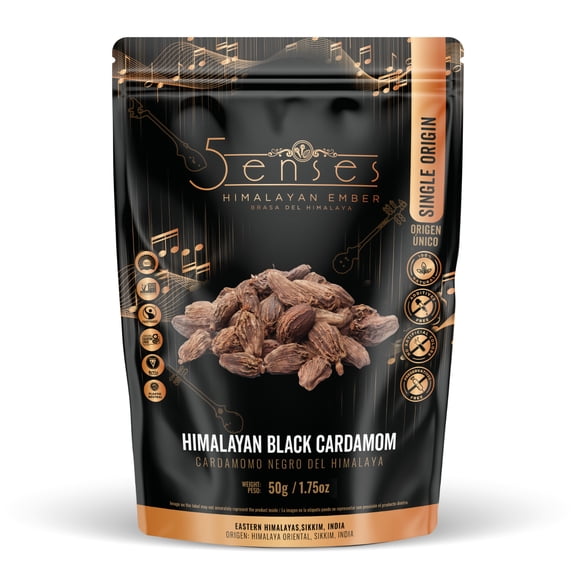5Senses Himalayan Black Cardamom Pods | CARDAMOMO NEGRO DEL HIMALAYA | Himalayan Ember | Single Origin Sikkim Spices, Non-GMO, Whole Smoked Pods for Biryani, Masala, Chai & Slow Cooking (50g/1.75oz)