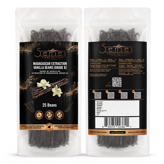 5Senses Madagascar Extraction Vanilla Beans Grade B | Cacao Nocturne | Whole Single-Origin Bourbon Vanilla Pods | For Homemade Vanilla Extract, Baking Infusions, and Tinctures (25 Beans)