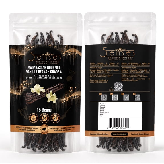 5Senses Madagascar Gourmet Vanilla Beans Grade A | Orchid Rhapsody | Single-Origin Bourbon Vanilla Pods from SAVA Region (Ampanefena) (15 Beans)