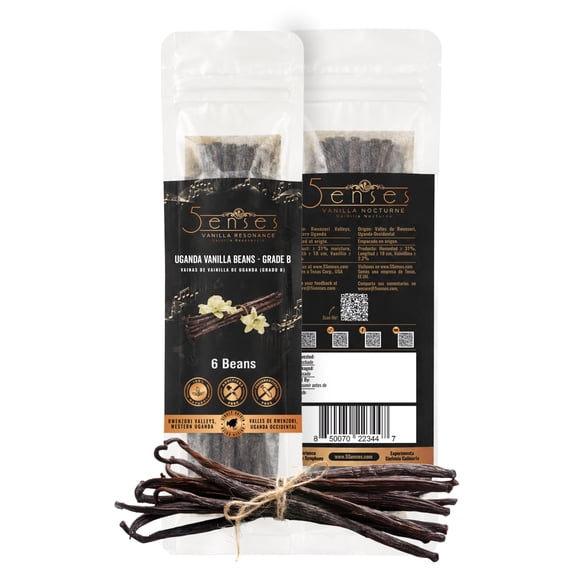 5Senses Uganda Vanilla Beans | Grade B Extraction Grade Whole Pods | Single Origin (Rwenzori Valleys) | High Vanillin (~2.0%) & Moisture (~24%) | 15cm Long | For Extraction & Infusions (6Beans)