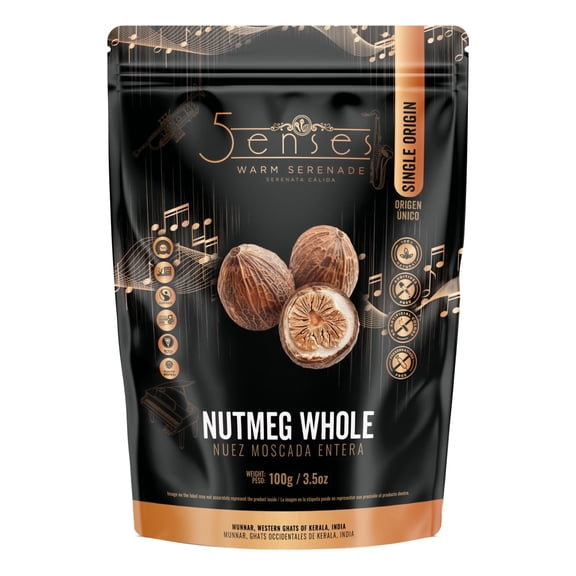 5Senses Whole Nutmeg in Shell | Single Origin, Non-GMO, Fair Trade | Premium Nutmeg from Munnar, India | Kosher, Plastic Neutral (3.5oz/100g)