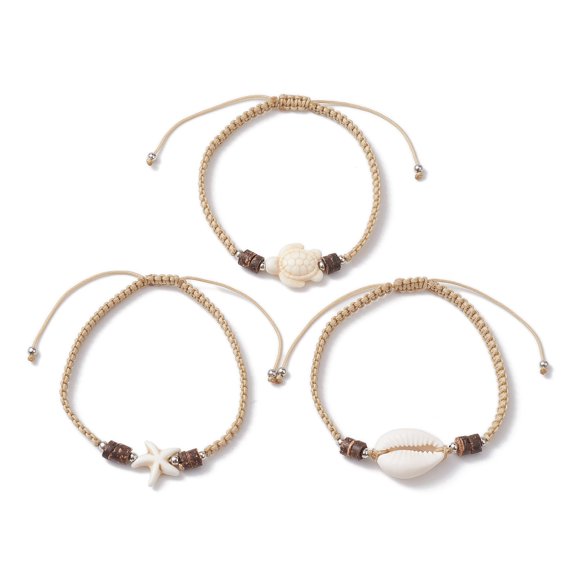 5Set 3Pcs 3 Styles Turtle & Starfish Dyed Synthetic Turquoise & Cowrie Shell Bead Bracelet Sets Stackable Bracelets for Women Men Mixed Shapes