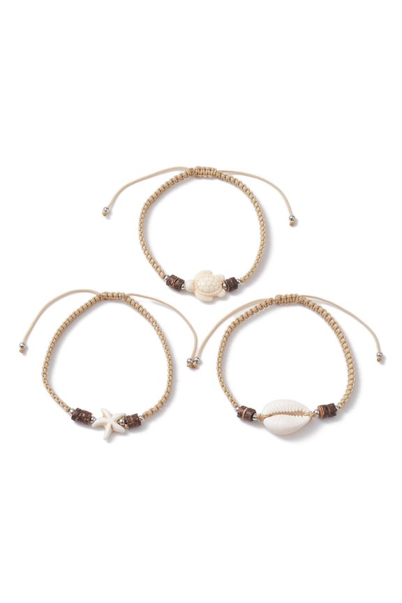 5Set 3Pcs 3 Styles Turtle & Starfish Dyed Synthetic Turquoise & Cowrie Shell Bead Bracelet Sets Stackable Bracelets for Women Men Mixed Shapes