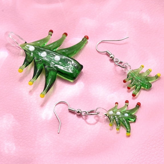 5Set Christmas Handmade Lampwork Jewelry Sets Dangle Earrings and Pendants with Brass Earring Hooks and Jump Rings Christmas Tree Green Earring: 46mm Pin:0.6mm Pendant: 54~58x40~46x11.5mm Hole: 5mm