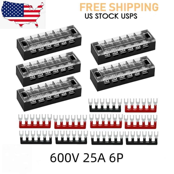 5Sets 6 Positions Dual Row Screw Terminal Electric Barrier Strip Blocks 25A 600V