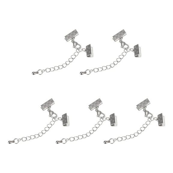 5Sets Ribbon Crimp Clamp Ends Lobster Claw Clasps & Chain 10.5mm Stripe Silver