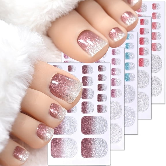 5Sheets 110Pcs Gradient Glitter Toe Nail Polish Stickers Strips Full Nail Wraps Toenail Stickers 3D Shiny Colorful Gel Toe Nail Decals for Women Nails Decoration Nails Supplies Manicure Accessories