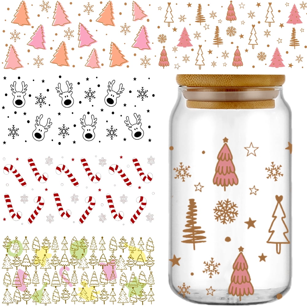 UV DTF Cup Wrap,Transfer Stickers for Glass Cups,9sheets Cute Christmas Theme Stickers for Glass Cups Waterproof Sticker for 16oz Libbey Glass Cups