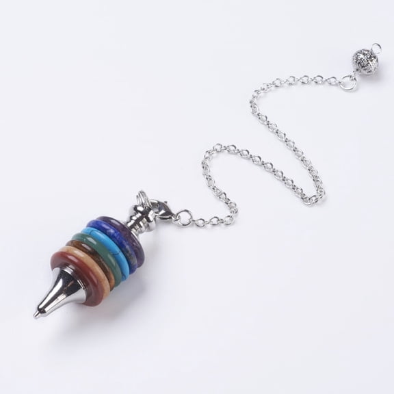 5Strand Chakra Natural/Synthetic Mixed Stone Coil Dowsing Pendulums Spiral Pendulum with Brass Chains Platinum 181mm