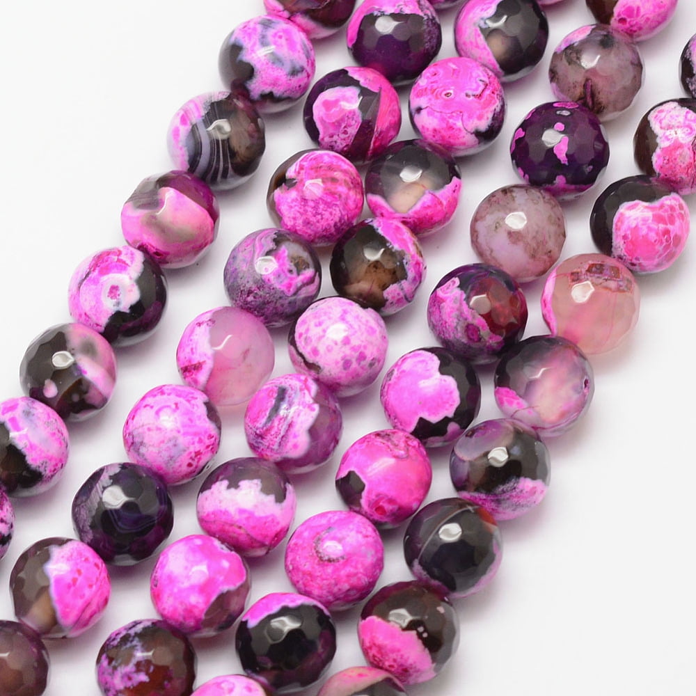 5Strand Natural Fire Crackle Agate Bead Strands Round Grade A Faceted Dyed & Heated Deep Pink 10mm Hole: 1mm 37pcs/strand 15 inch