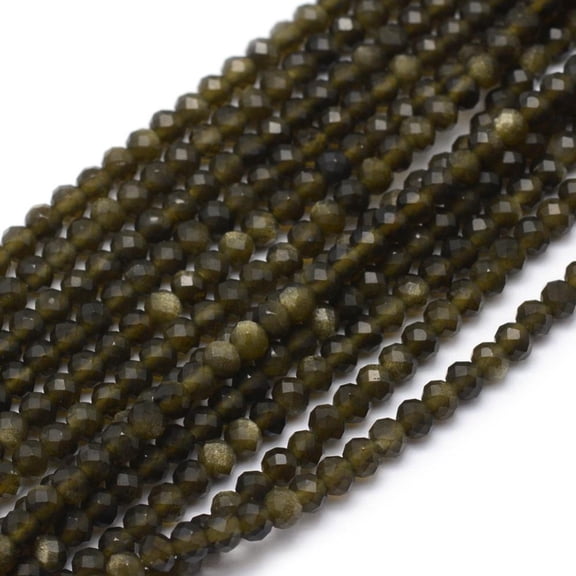 5Strand Natural Golden Sheen Obsidian Beads Strand Faceted Round 2mm Hole: 0.5mm 113pcs/strand 15.35 inch(39cm)