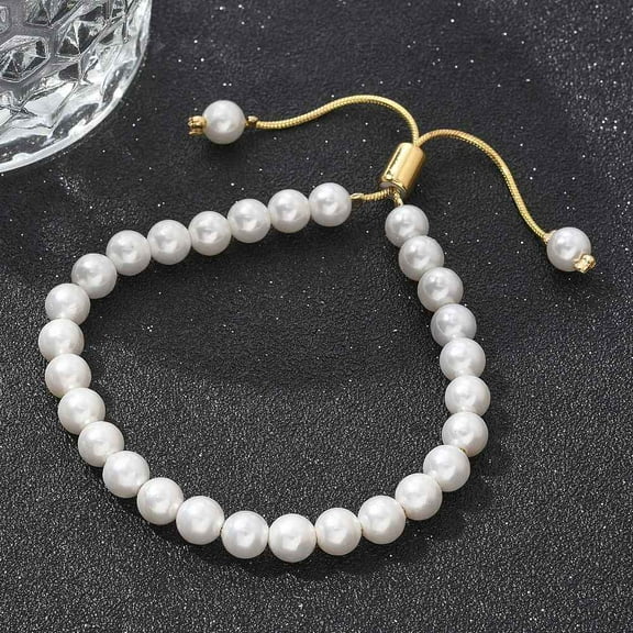 5Strand Shell Pearl Beaded Slider Bracelet with Brass Snake Chain Lead Free & Cadmium Free Real 18K Gold Plated Beads: 6mm