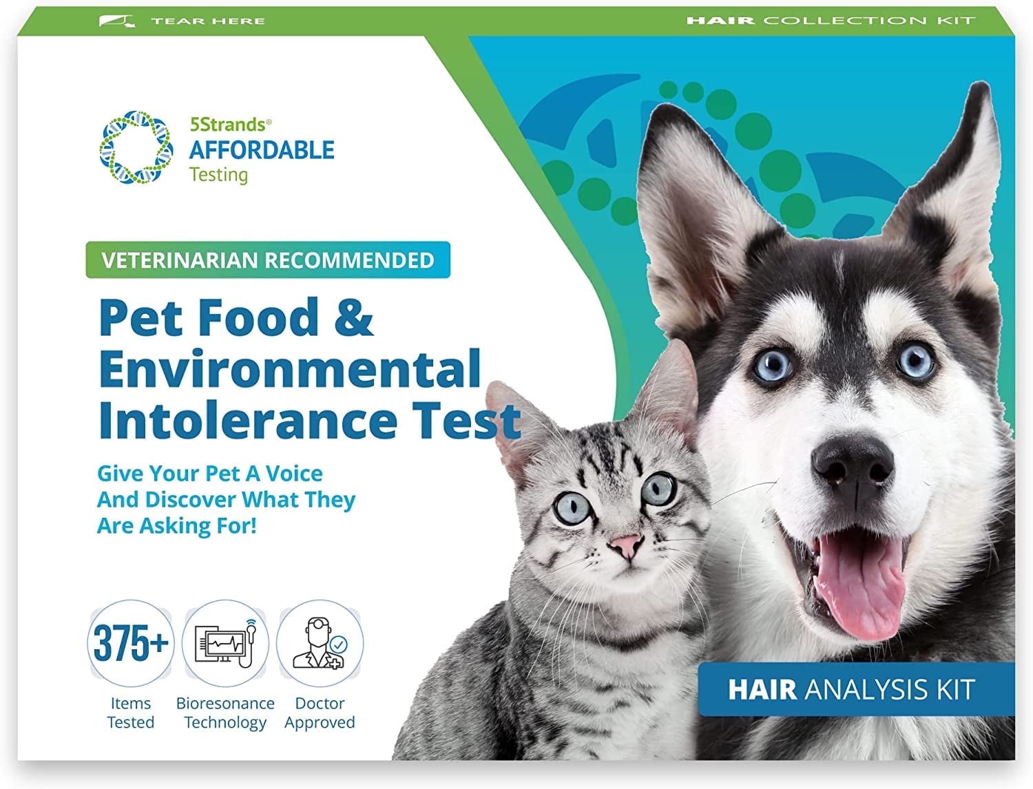 5Strands Pet Food and Environmental Intolerance Test, at Home Sensitivity Test for Dogs & Cats, Hair Sample Collection Kit, 380 Items Tested, Results in 7 Days, Works for All Ages and Breeds