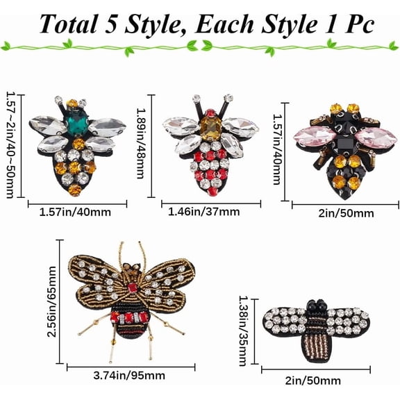 5Styles Bee Iron on Patches Insect Bees Crystal Rhinestone Beaded Embroidered Fabric Sewing Applique Patch for Clothes Bags Dress Jackets Jeans Repair Decoration Decals