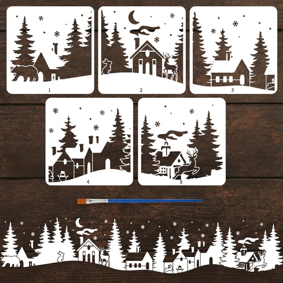 5Styles Winter Forest House Stencil with a Brush 11.8x11.8Inch Village Painting Stencils Christmas Stencils