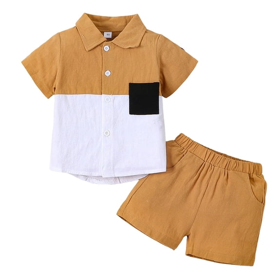 5T 6T Kids Clothes Boy Clothes Boys Short Sleeve Cotton Linen Button Down T-Shirt and Shorts Set for Toddler, Little and Big Kids Yellow