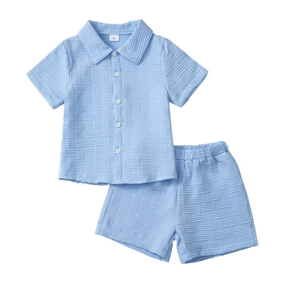 5T Baby Boys Clothes 5T Boys 2PCS Summer Outfits Set Solid Color Lapel Design Toddler Boys Short Sleeve Shirt Top Shorts Set Light Blue