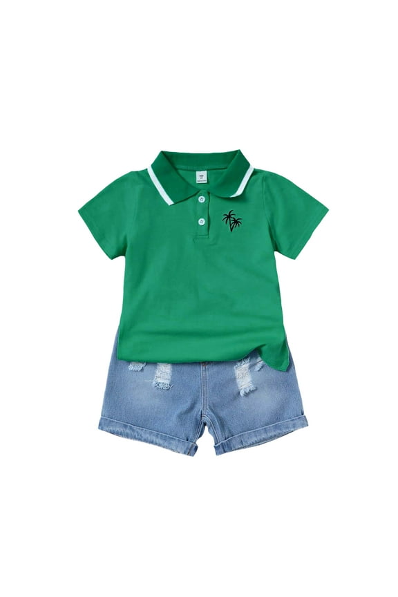 5T Baby Boys Clothes 5T Boys 2PCS Summer Outfits Set Toddler Boys Short Sleeve Polo Shirt Top Denim Shorts Set Green