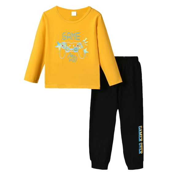 5T Baby Boys Clothes 6 Years Boys 2PCS Fall Winter Outfits Set Letter Print Round Neck Little Boys Long Sleeve Top Pants Set Yellow