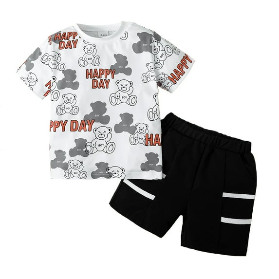 5T Baby Boys Clothes 6 Years Little Boys 2PCS Summer Outfits Set Letter Bear Print Little Boys Short Sleeve Top Shorts Set Black