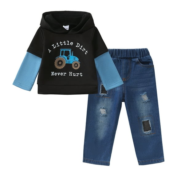 5T Baby Boys Clothes 6Y Boys 2PCS Hoodie Outfits Set Letter Print Little Boys Long Sleeve Top Denim Pants Set Black