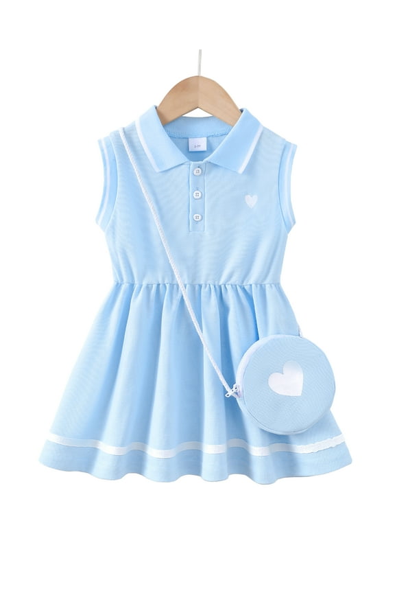 5T Baby Girl Dress 6Y Girls Sleeveless Dress Solid Color Polo Dress Little Girls Summer Lapel Casual Dress with Cute Bag Blue