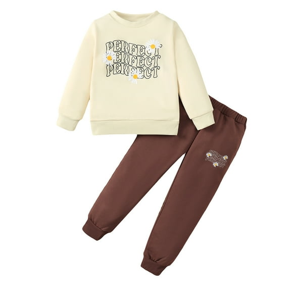 5T Baby Girls Clothes 5T Girls 2PCS Outfits Set Letter Print Round Neck Toddler Girls Long Sleeve Top Pants Set Apricot