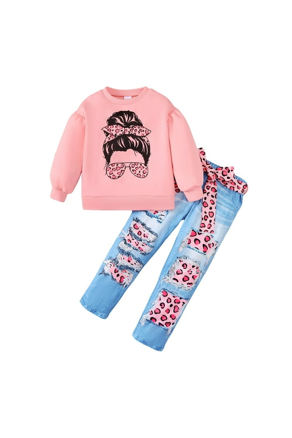 5T Baby Girls Clothes 5T Girls 2PCS Outfits Set Round Neck Toddler Girls Long Sleeve Top Pants Set Pink
