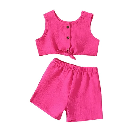 5T Baby Girls Clothes 5T Girls 2PCS Summer Outfits Set Solid Color Crew Neck Toddler Girls Sleeveless Top Shorts Set Pink